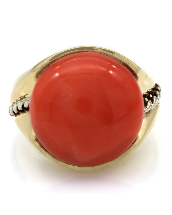 Coral Cabachon Ring with Rope Accent in Gold