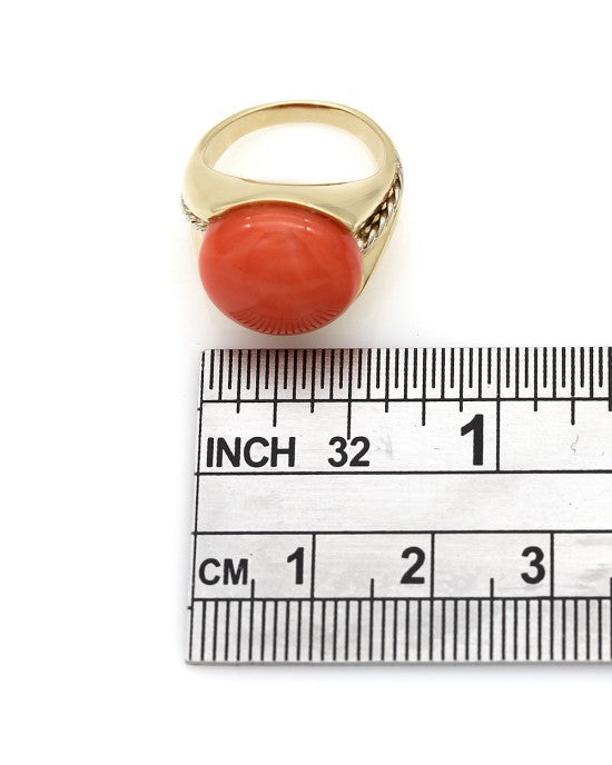 Coral Cabachon Ring with Rope Accent in Gold