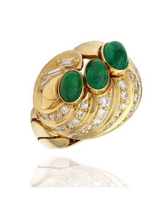 Emerald Cabachon and Diamond Dome Ring in Gold