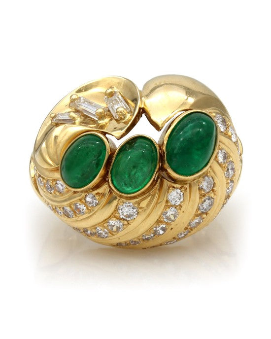 Emerald Cabachon and Diamond Dome Ring in Gold