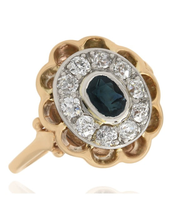 Oval Sapphire and Diamond Halo Scalloped Edge Ring
