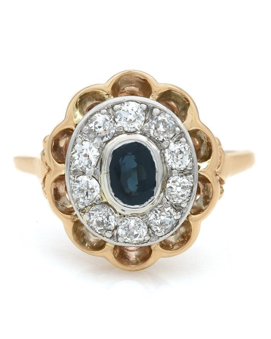 Oval Sapphire and Diamond Halo Scalloped Edge Ring