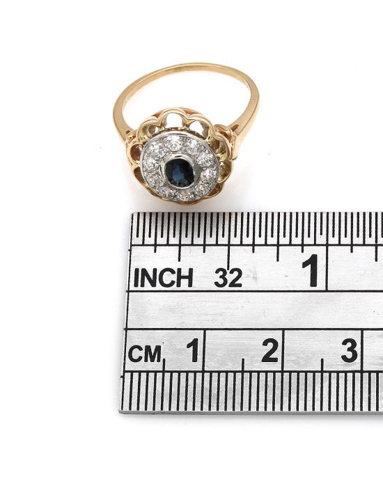 Oval Sapphire and Diamond Halo Scalloped Edge Ring