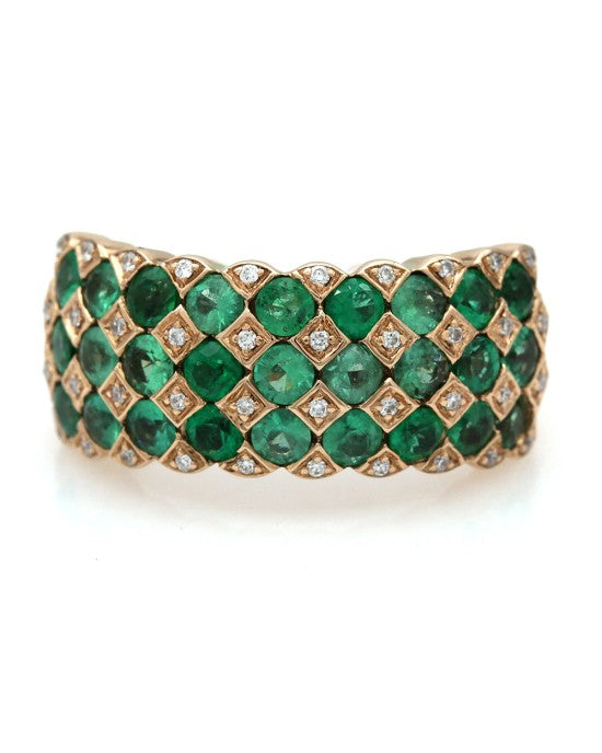 Seven Row Alternating Emerald and Diamond Ring