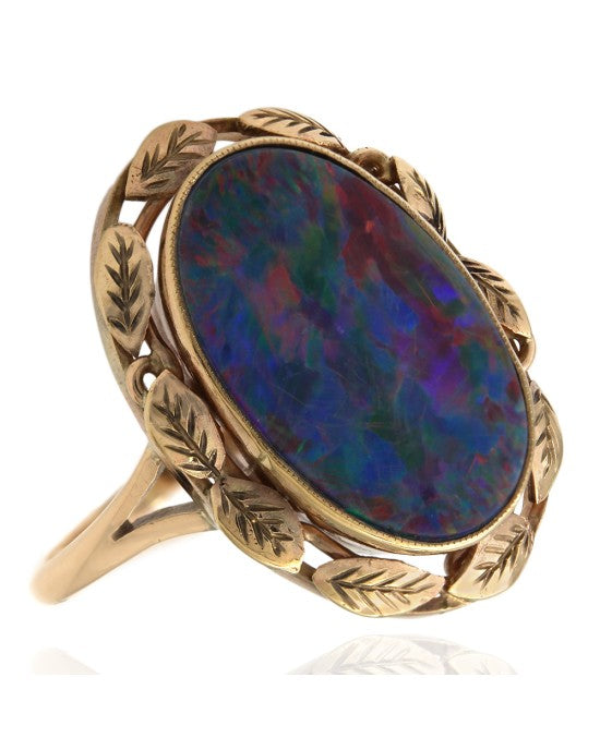Oval Opal Leaf Halo Ring in Gold