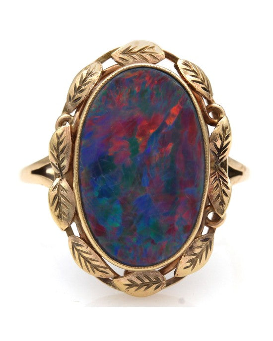 Oval Opal Leaf Halo Ring in Gold