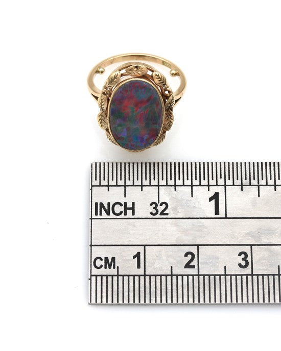 Oval Opal Leaf Halo Ring in Gold