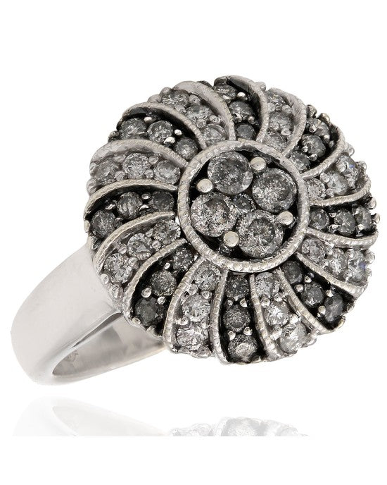 White and Grey Diamond Swirl Fashion Ring in 14k White Gold