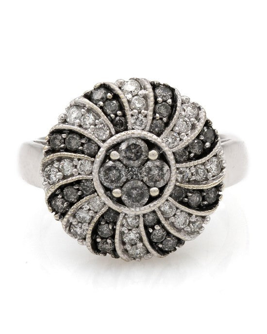 White and Grey Diamond Swirl Fashion Ring in 14k White Gold