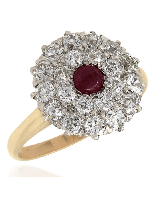 Diamond and Ruby Cluster Fashion Ring in 14k Two-Tone White and Yellow Gold