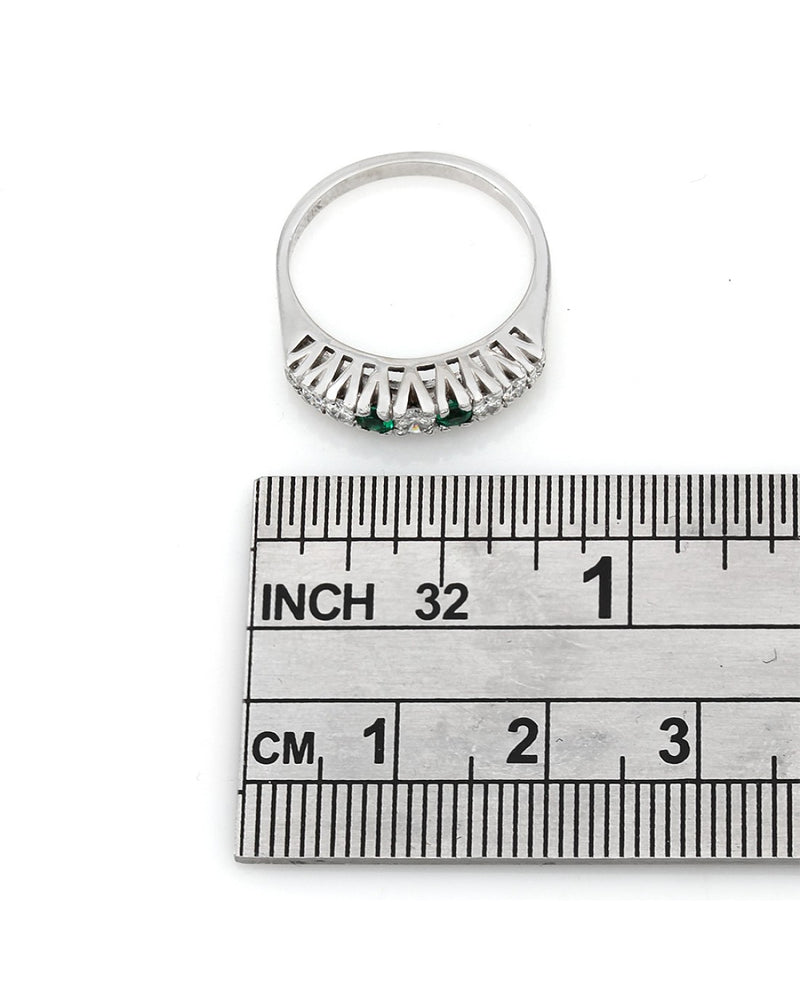 Prong Set Emerald and Diamond Band in 14k White Gold
