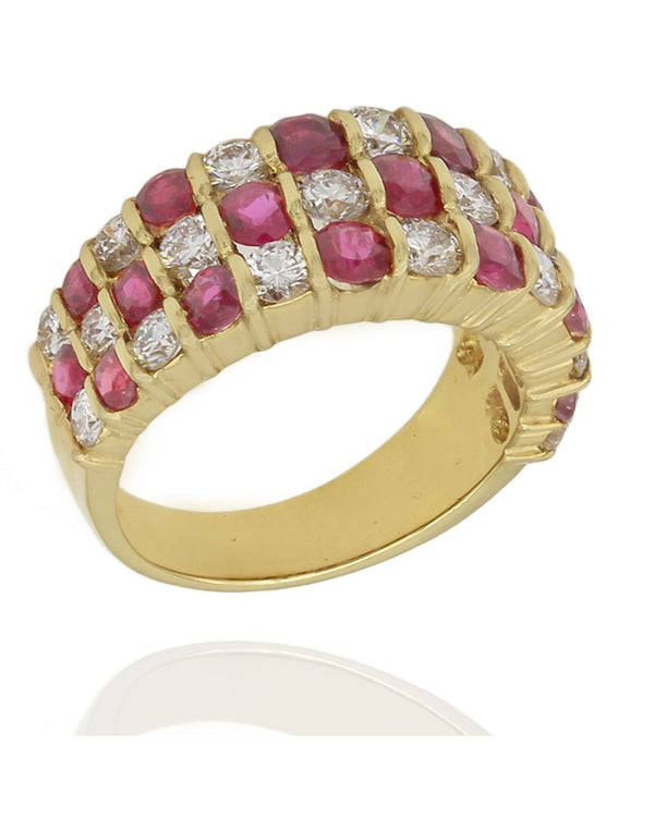 3 Row Alternating Ruby and Diamond Checkered Ring in Yellow Gold