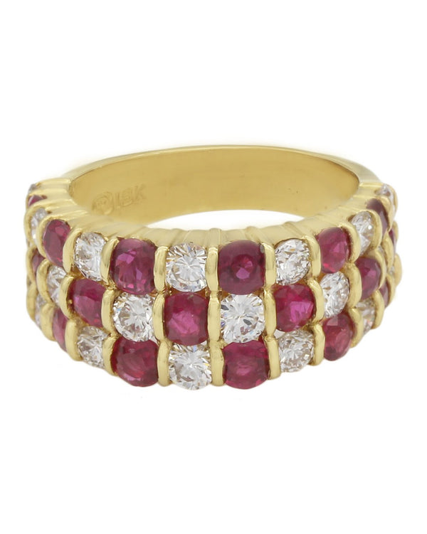 3 Row Alternating Ruby and Diamond Checkered Ring in Yellow Gold
