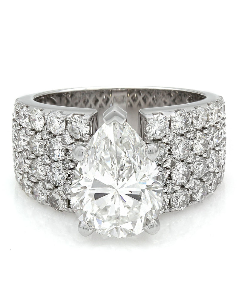 Wide Pave Diamond Engagement Ring with Pear Center in 18k White Gold