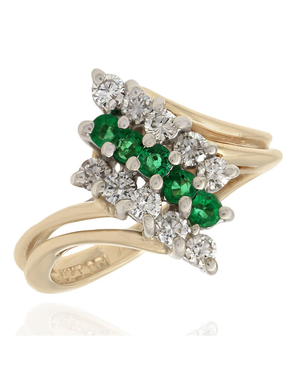 3 Row Diamond and Emerald Bypass Ring