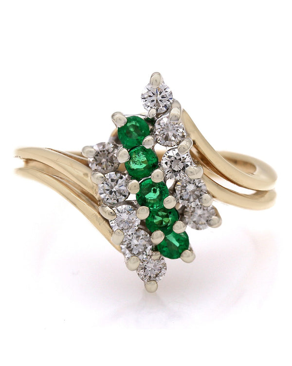 3 Row Diamond and Emerald Bypass Ring