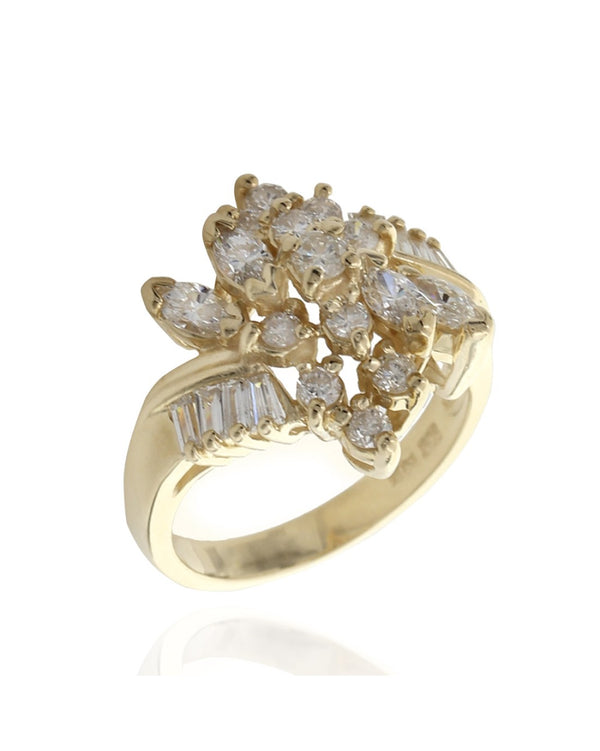 Round, Marquise and Baguette Diamond Cluster Ring in Yellow Gold