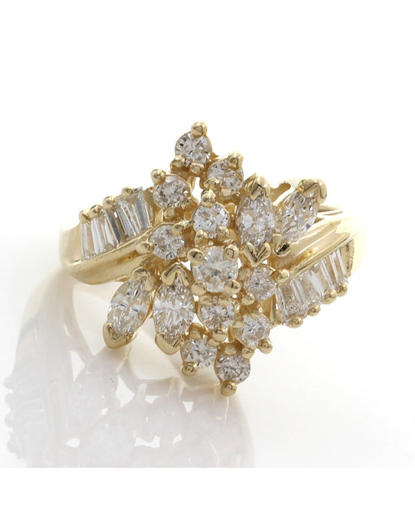 Round, Marquise and Baguette Diamond Cluster Ring in Yellow Gold