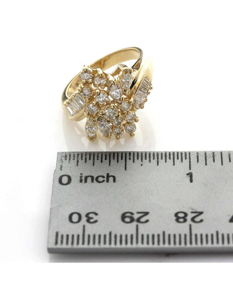 Round, Marquise and Baguette Diamond Cluster Ring in Yellow Gold
