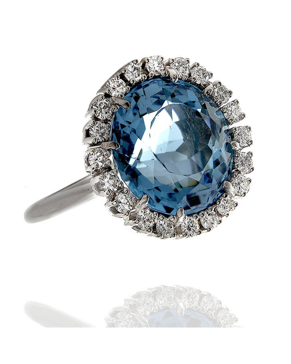 Round Faceted Aquamarine Diamond Halo Ring