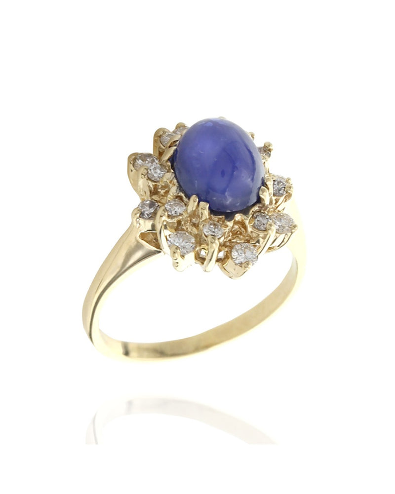 Sapphire Cabochon and Diamond Starburst Halo Ring