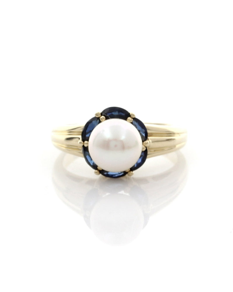 Pearl and Sapphire Halo Ring