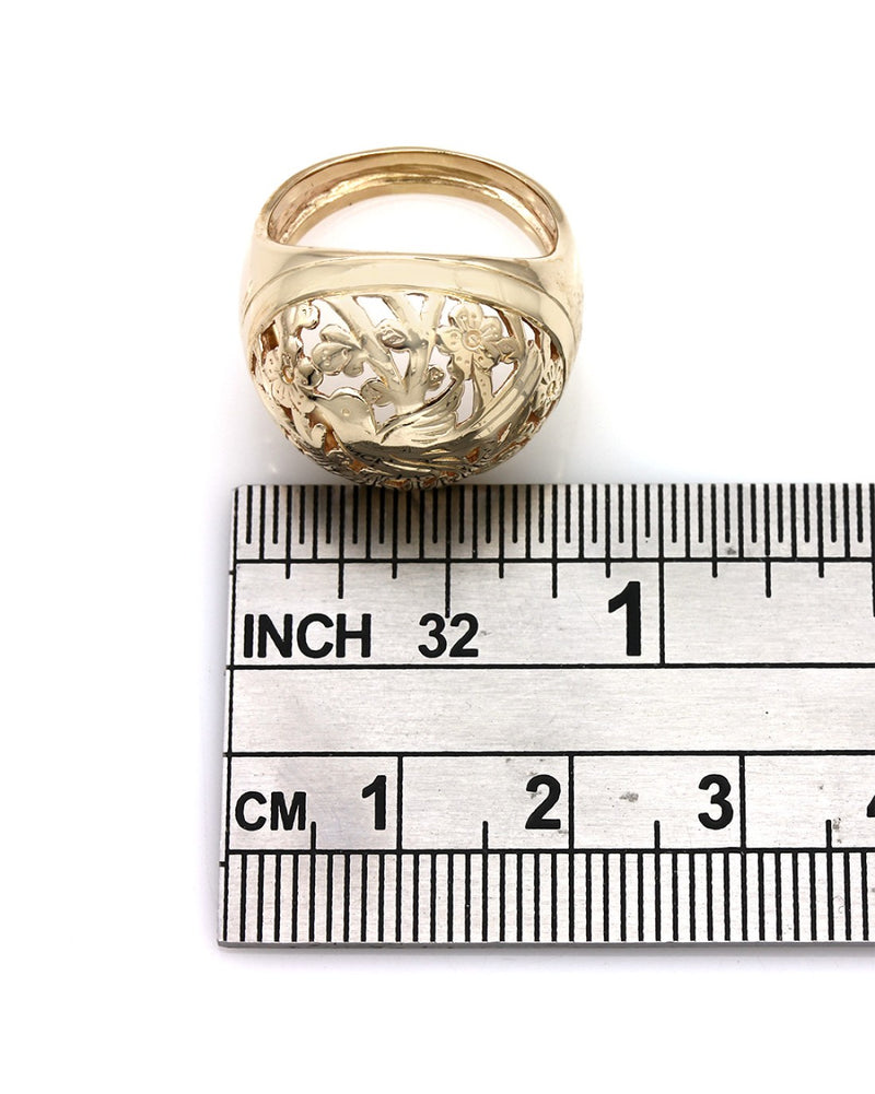 Bird and Flower Motif Dome Ring