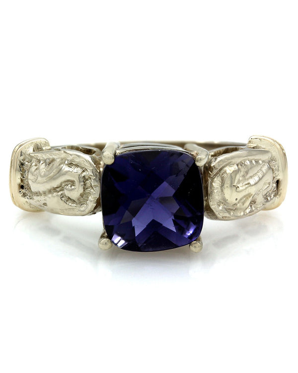 Iolite Cushion Scroll Accent Ring