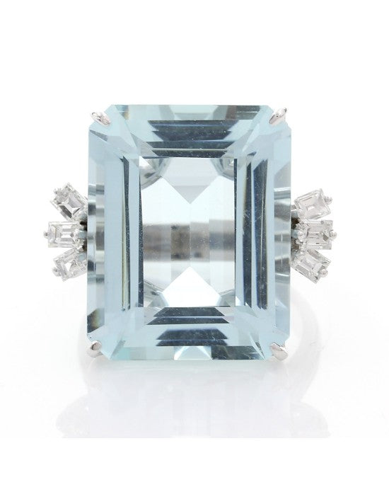 Emerald Cut Aquamarine and Baguette Diamond Ring