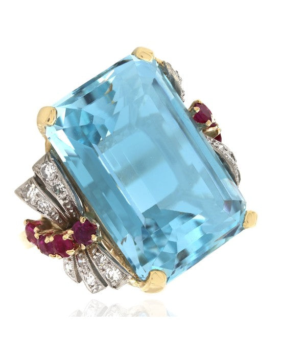 Vintage Aquamarine, Ruby and Diamond Ring