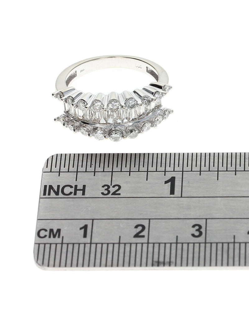 Three Row Round and Baguette Diamond Ring