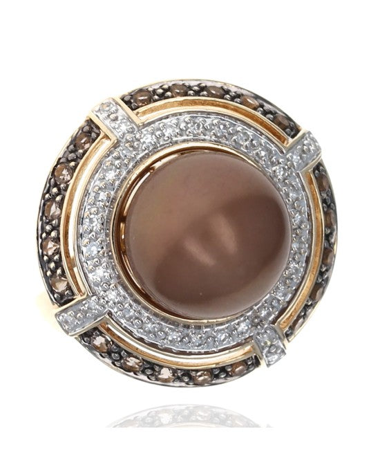 Bronze 10.7mm Pearl Double Halo Ring w/ Topaz & Diamonds 14KY Gold