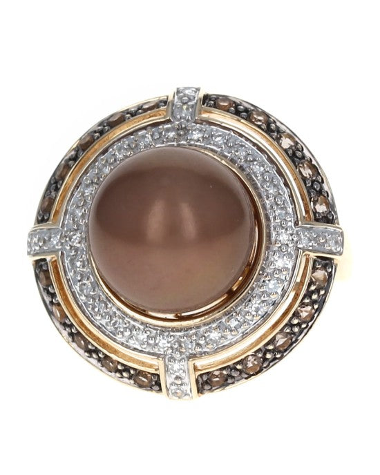 Bronze 10.7mm Pearl Double Halo Ring w/ Topaz & Diamonds 14KY Gold