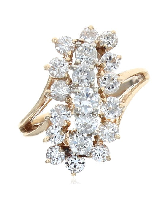 Three Row Diamond Cluster Ring in White and Yellow Gold