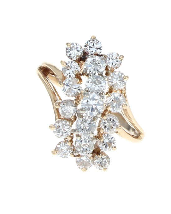 Three Row Diamond Cluster Ring in White and Yellow Gold