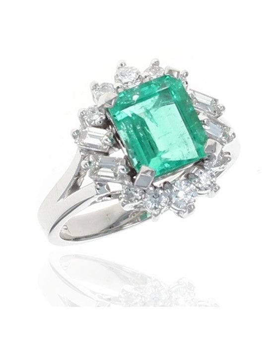 Emerald and Diamond Halo Ring in Platinum