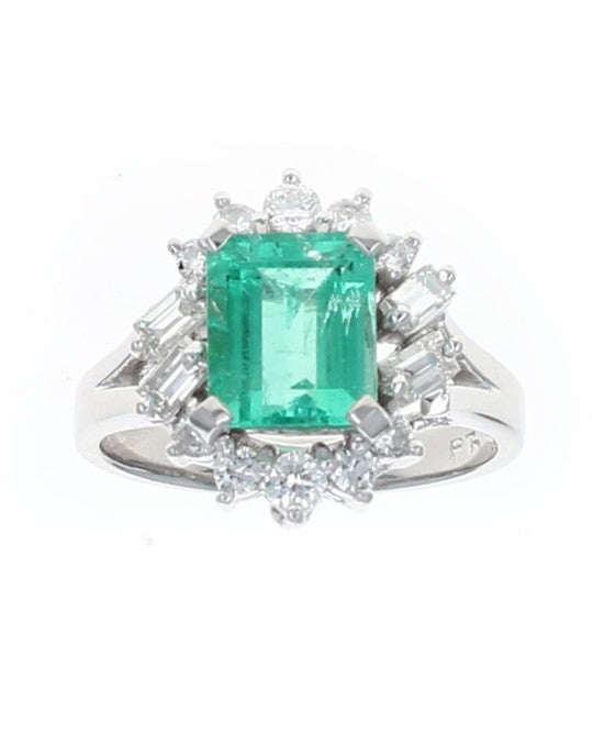 Emerald and Diamond Halo Ring in Platinum