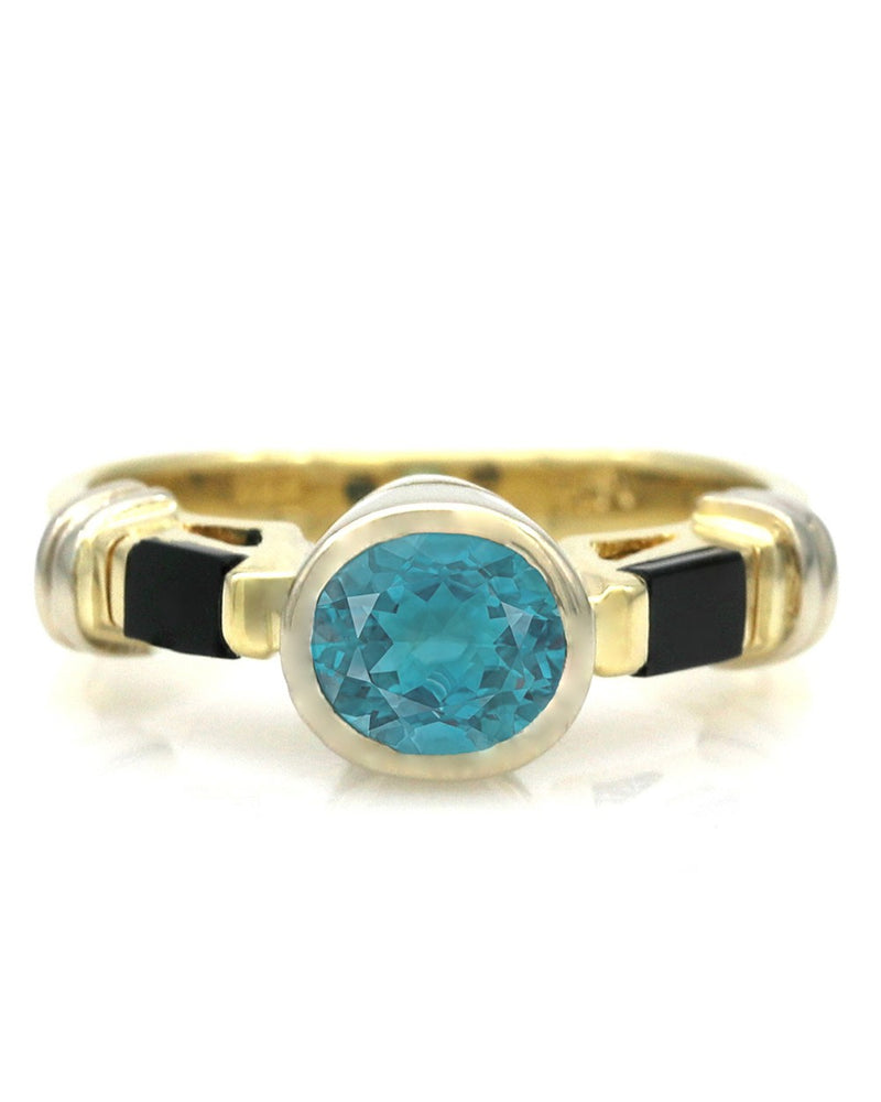 Blue Zircon and Black Onyx Ring
