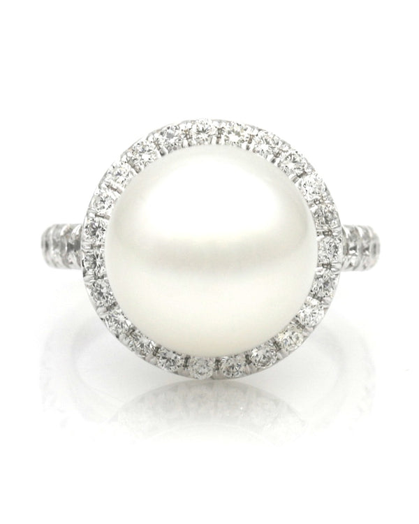 White South Sea Pearl and Diamond Halo Fashion Ring