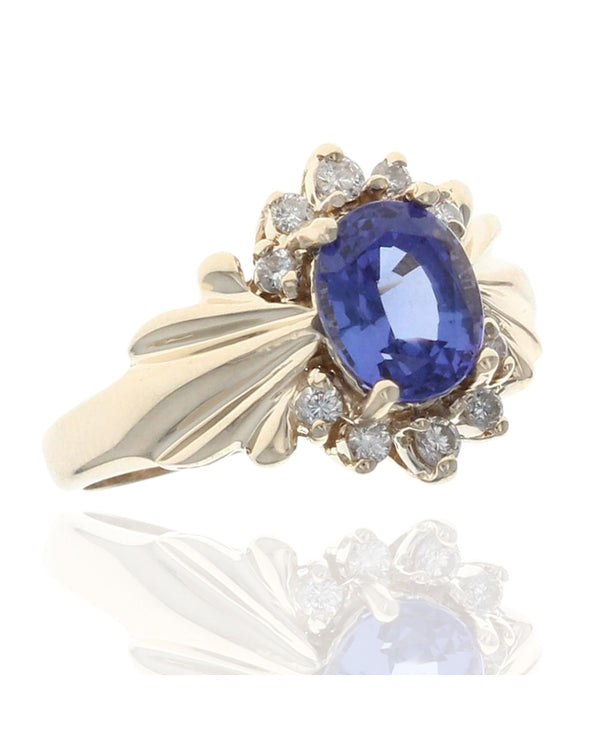 Oval Tanzanite and Round Diamond Fluted Ring