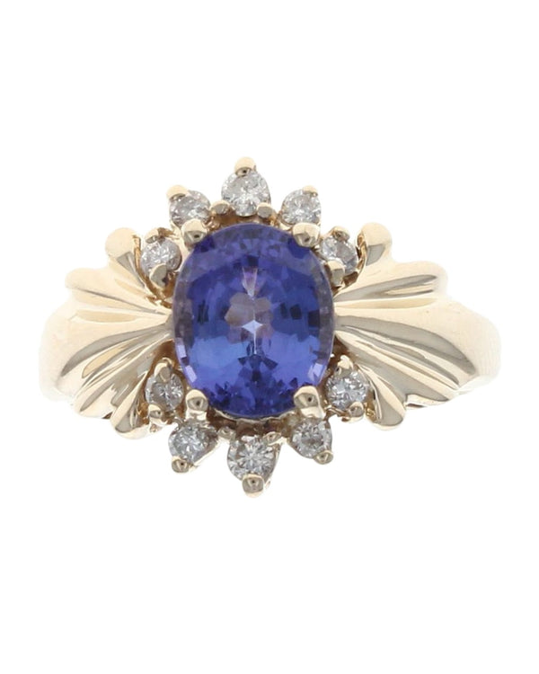 Oval Tanzanite and Round Diamond Fluted Ring