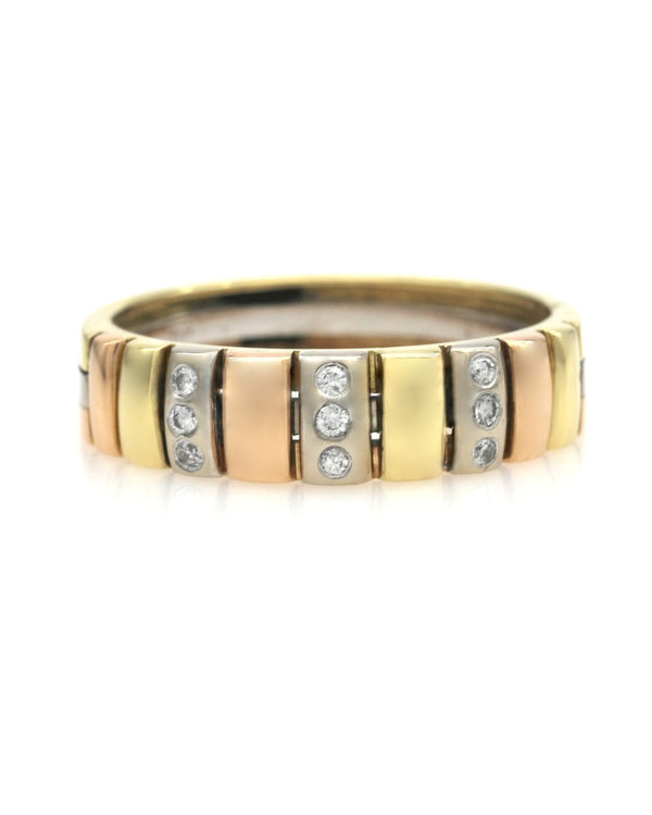 3 Row Diamond Band in Tri Color Gold