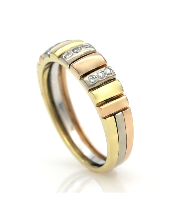 3 Row Diamond Band in Tri Color Gold