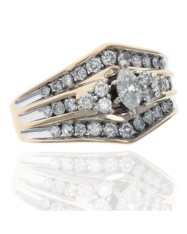 3 Row Marquise and Round Diamond Chevron Ring
