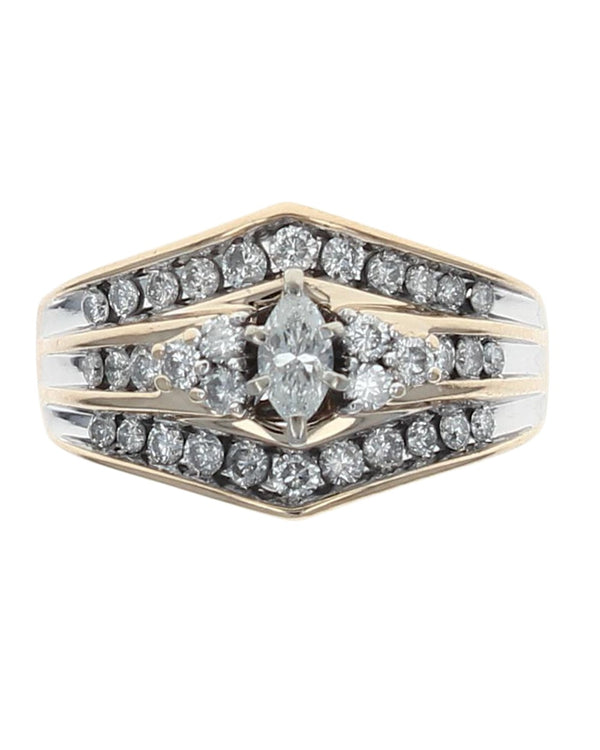 3 Row Marquise and Round Diamond Chevron Ring