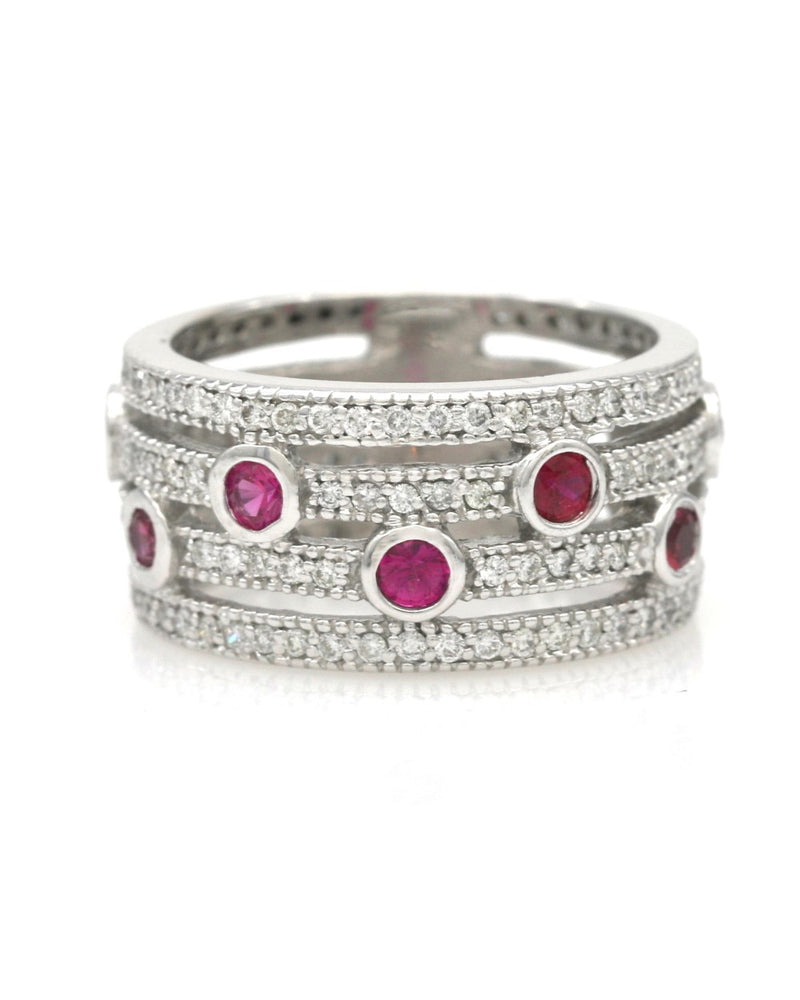 Synthetic Ruby and Diamond 4 Row Band