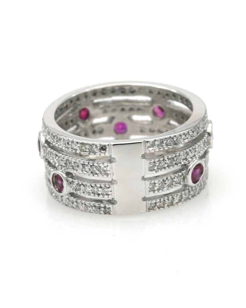 Synthetic Ruby and Diamond 4 Row Band
