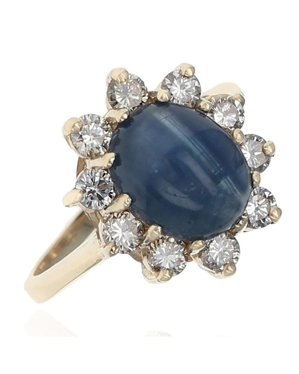 Blue Star Sapphire and Diamond Halo Ring