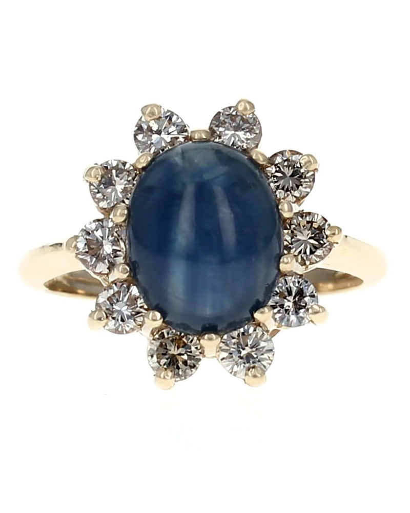 Blue Star Sapphire and Diamond Halo Ring