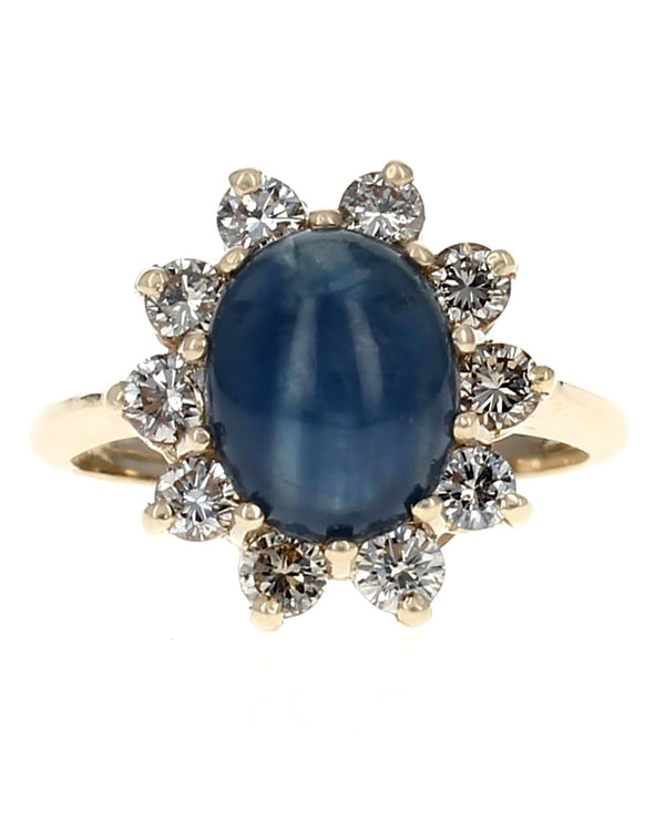 Blue Star Sapphire and Diamond Halo Ring